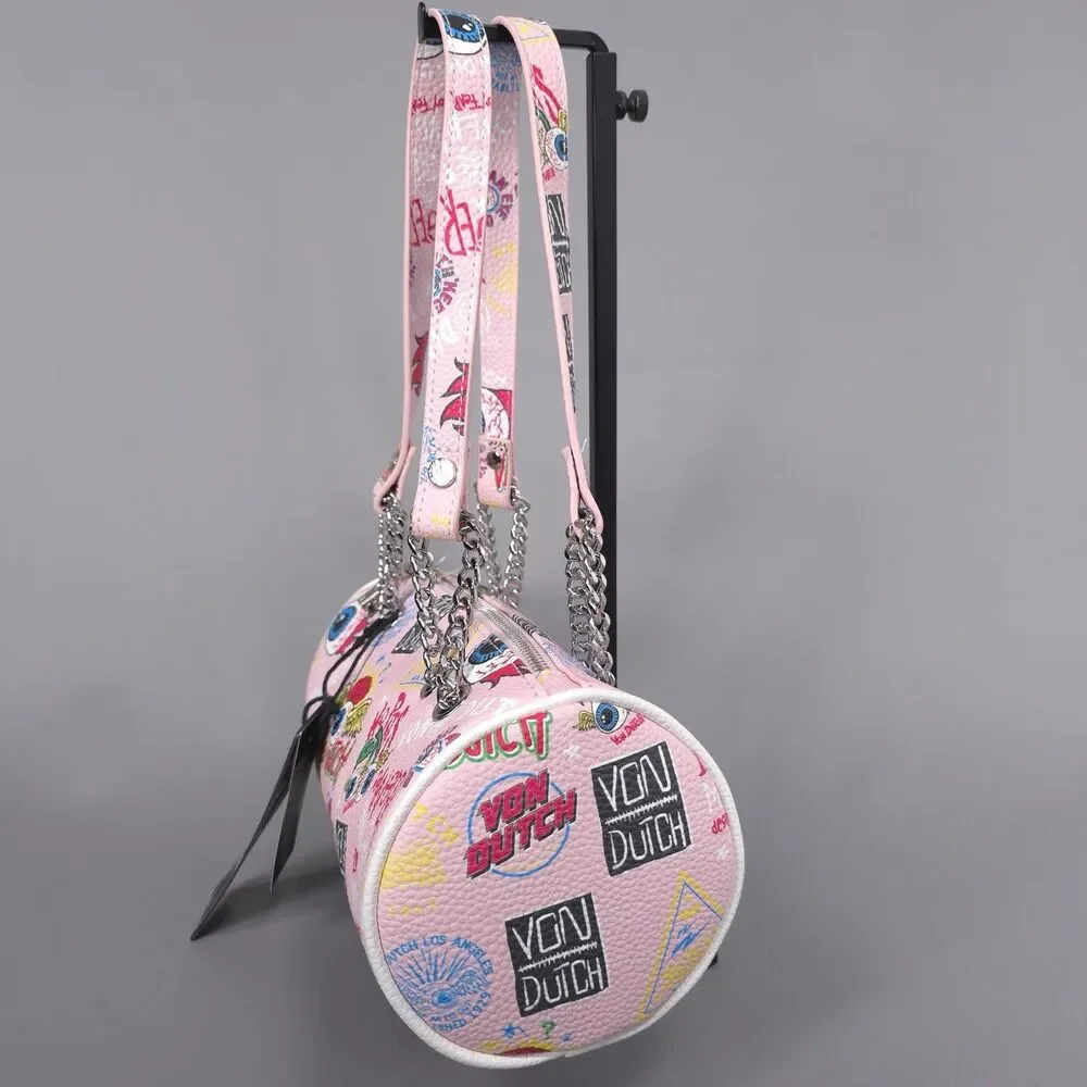 VON DUTCH New Shoulder Barrel Bag Pink Jax Logo Purse Handbag Faux Leather